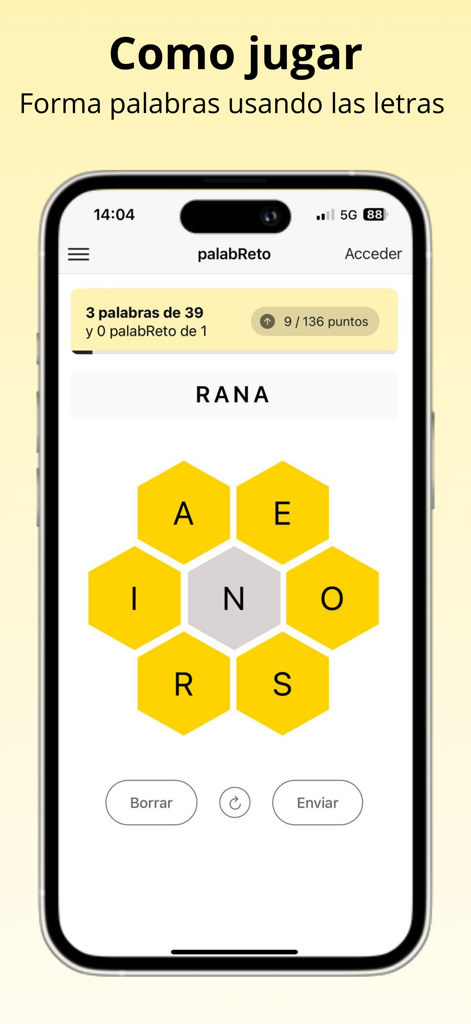 PalabReto - Puzle de palabras - Schermata dell'app mobile PalabReto che mostra un alveare di lettere per un gioco di parole in spagnolo