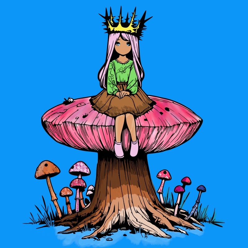 realistic girl sitting on a huge tree stump size toadstool with thorn crown