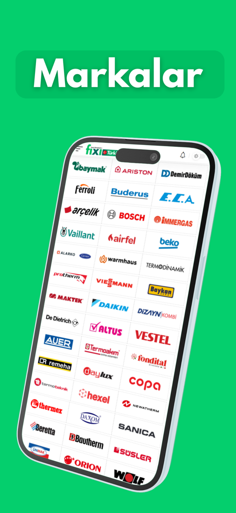Fixi - Fixiアプリで技術マニュアルに利用可能な家電およびHVACブランドロゴの包括的なリストを示すスマートフォンの画面
