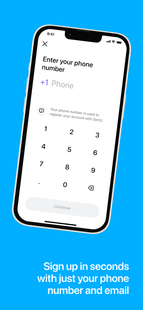 Sentz – The Global Payment App - Sentz app registration screen showing phone number entry and a numeric keypad for quick signup