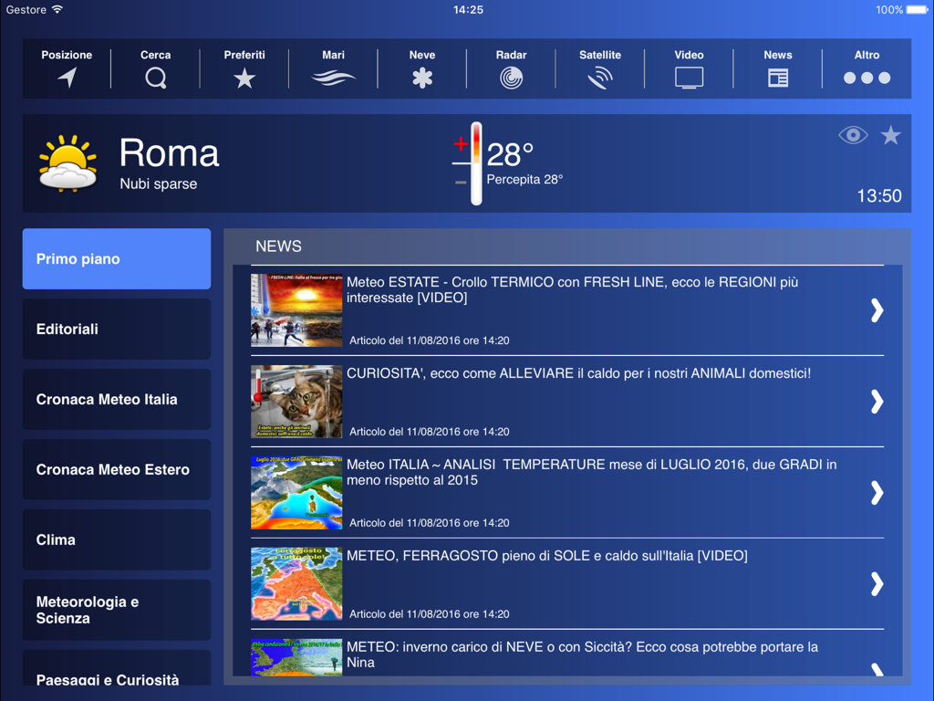 Schermata iPad dell'app meteo Meteo HD Plus che mostra la temperatura di Roma e le ultime notizie