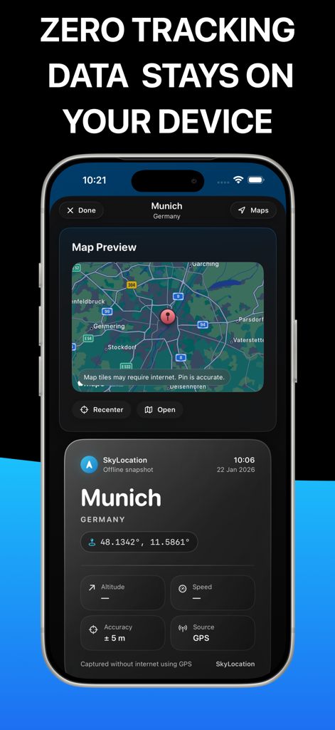 SkyLocation - SkyLocation app showing an offline map of Munich with precise GPS coordinates and a privacy message stating data stays on the device