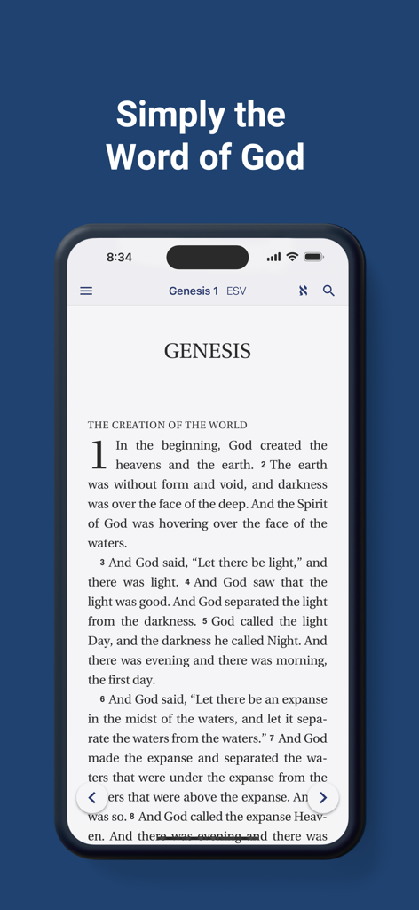 Minimalist reading screen of the Literal Word Bible app showing Genesis chapter one in ESV translation