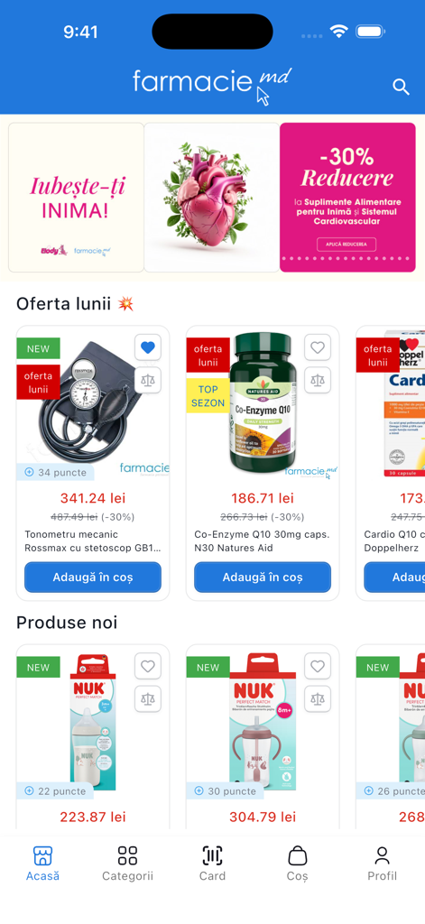 Home screen of the Farmacie.md mobile app featuring monthly health product offers and discounts.