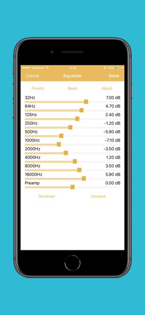Rabbit Player - Tela de configurações do equalizador no Rabbit Player, mostrando controles deslizantes de frequência para personalização de áudio