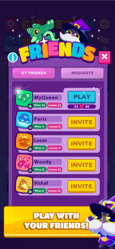 Gibberish: Word game & friends - Interfaz de lista de amigos del juego de palabras Gibberish con avatares de jugadores y puntuaciones