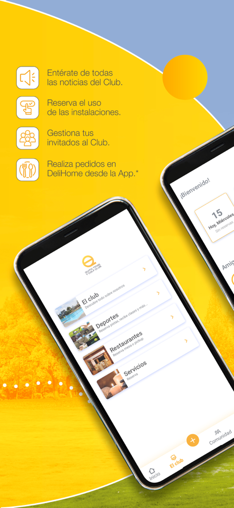 Interfaz de la aplicación móvil del Quito Tenis y Golf Club mostrando opciones de reserva de deportes y restaurantes