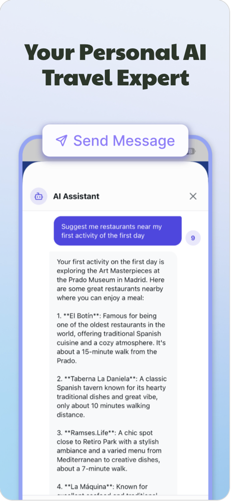 Asistente de IA de Aicotravel proporcionando recomendaciones personalizadas de restaurantes para un itinerario de viaje a Madrid.