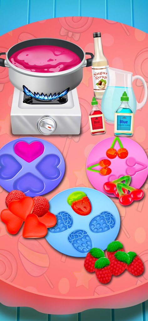 Sugar Chocolate Candy Maker - Virtual candy making scene with boiling pink syrup and colorful gummy molds in heart and fruit shapes.
