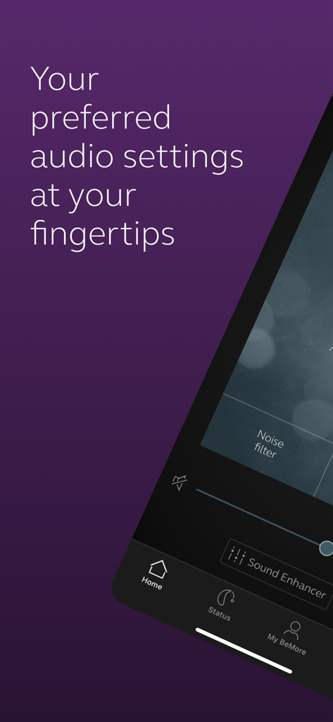 BeMore app interface showing personalized hearing aid audio settings and noise filter options