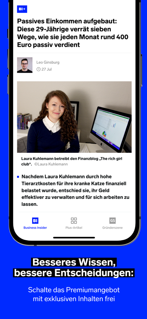 Business Insider Deutschland - Screenshot der Business Insider Deutschland App, der einen Finanzartikel über passives Einkommen auf einer mobilen Oberfläche zeigt