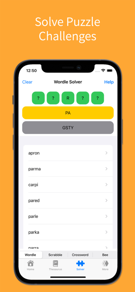 A smartphone showing the Wordle Solver feature of the OneLook Thesaurus app with a list of five letter word suggestions