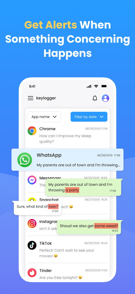 SpyX App-Dashboard, das Chat-Überwachung mit hervorgehobenen Schlüsselwort-Benachrichtigungen für besorgniserregende Nachrichten über mehrere Apps hinweg anzeigt.
