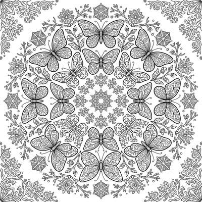 Discover the captivating fusion of delicate butterflies and frosty winter beauty in this unique mandala coloring page. Perfect for finding peace and expressing your creativity during the colder months.