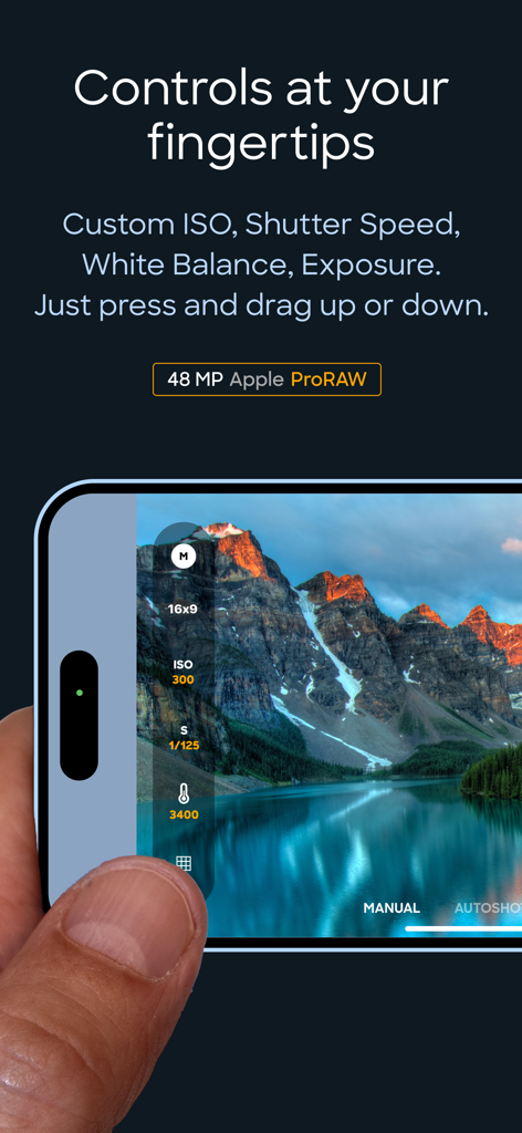 Interface showing manual ISO and shutter speed controls in the TapShot app