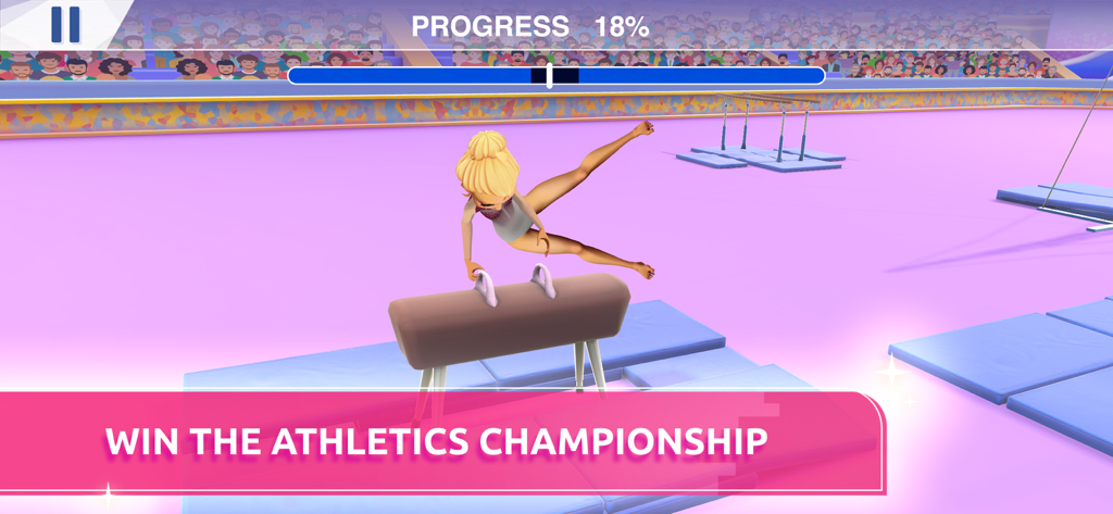 Gymnastics Training 3D: Master - A 3D gymnast performing a move on the pommel horse in a gymnastics arena.
