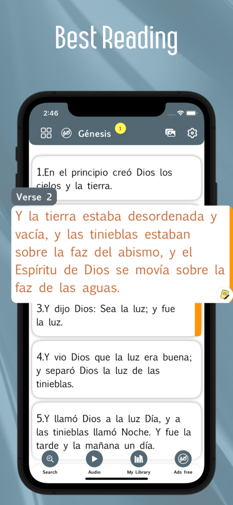Pantalla de la aplicación móvil Reina Valera 1960 Bible mostrando el libro de Génesis en español.
