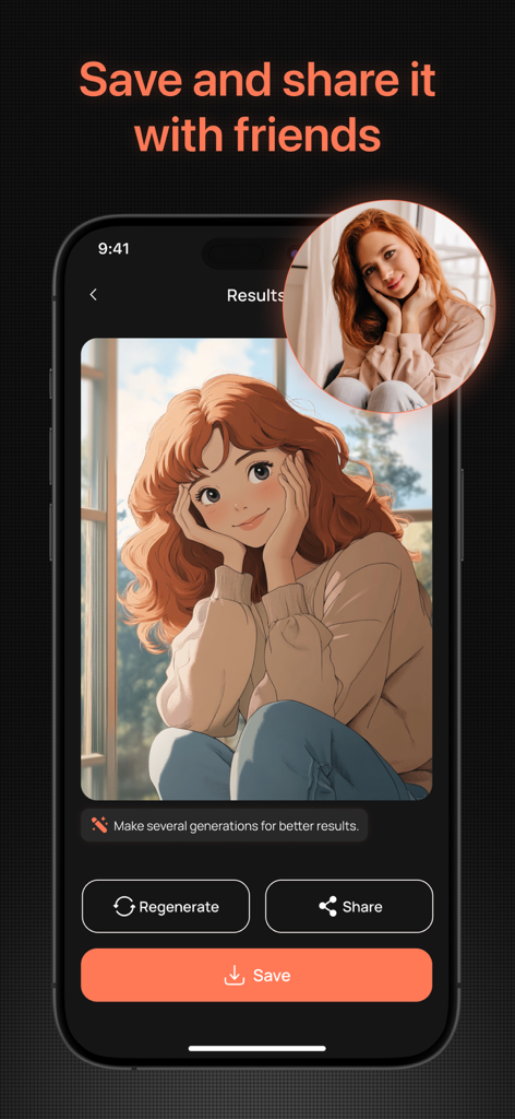 AI 생성 애니메이션 스타일 초상화를 저장하고 공유하는 기능을 보여주는 Salty AI 앱 화면