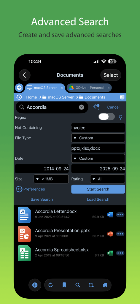 FileBrowser Professional - Advanced search interface in FileBrowser Professional app showing filters for file types and dates