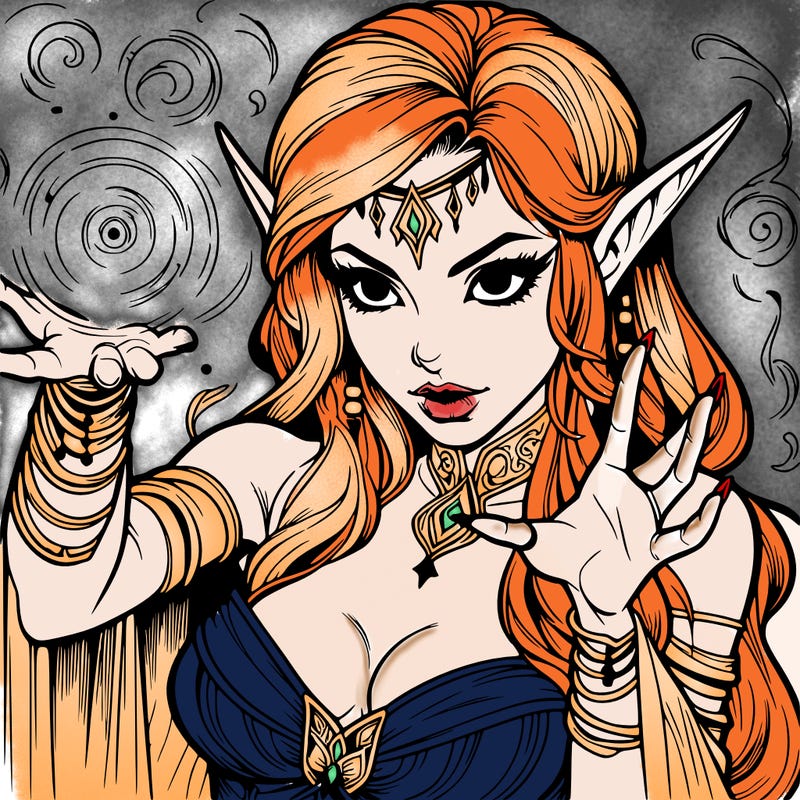 realistic scary beautiful elf sorceress casting spell