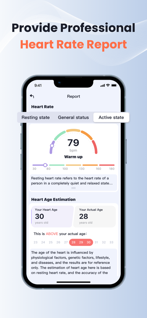 Heartbeat Pulse Detection-Life - Heart rate report screen showing beats per minute and heart age estimation comparison in the Heartbeat Pulse Detection app.