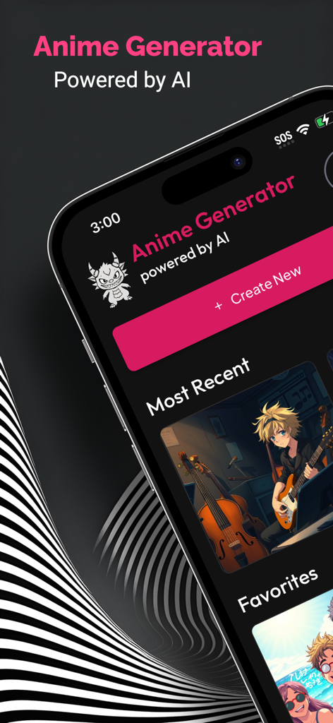Anime AI: Art Generator App - Smartphone displaying the Anime AI Art Generator app interface with recent creations and a create new button