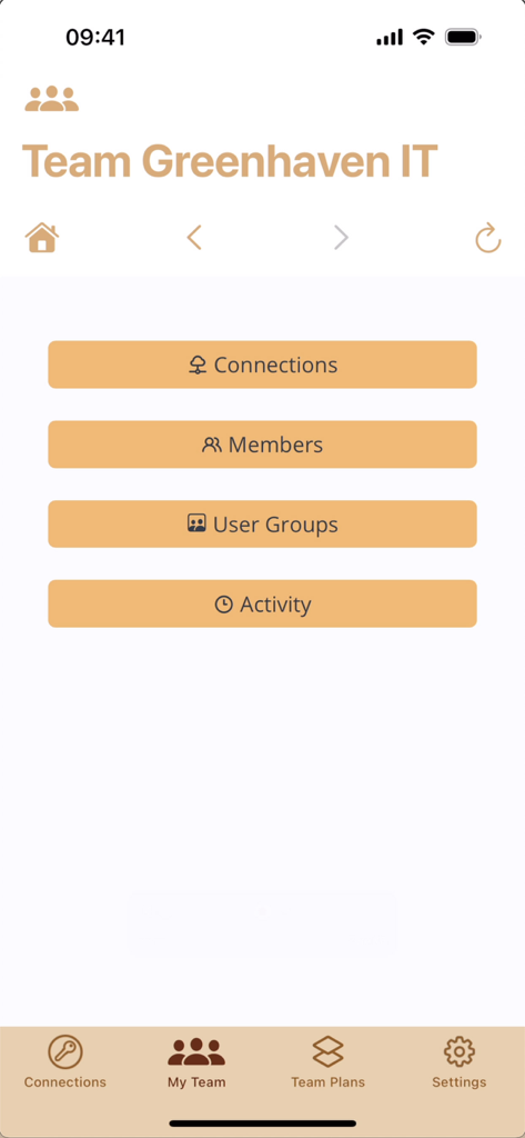 Interface of the VPN Tracker app showing the My Team management screen with options for connections, members, user groups, and activity.