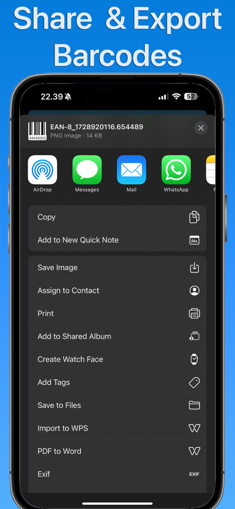 Screenshot of the share and export menu in the Barcode Maker app on an iPhone
