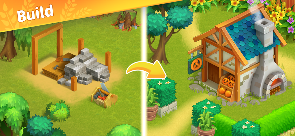 Dreamy Harvest: Farm Island - Before and after view of constructing a bakery in Dreamy Harvest Farm Island