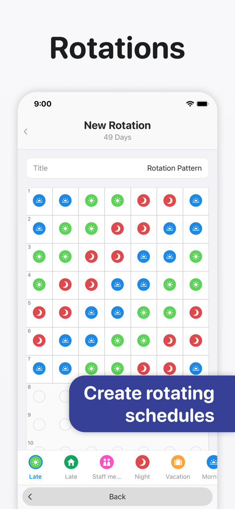 Supershift Shift Work Calendar - Interfaz que muestra cómo crear horarios de turnos rotativos con iconos codificados por colores.