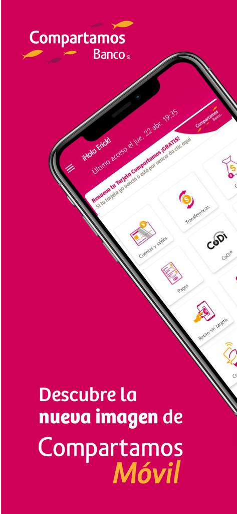 Interfaz de la aplicación móvil Compartamos Móvil mostrando servicios bancarios en español