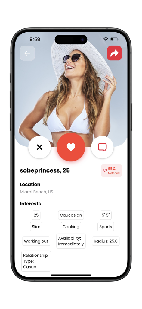 Mobile dating app profile screen showing a user match with location and compatibility score