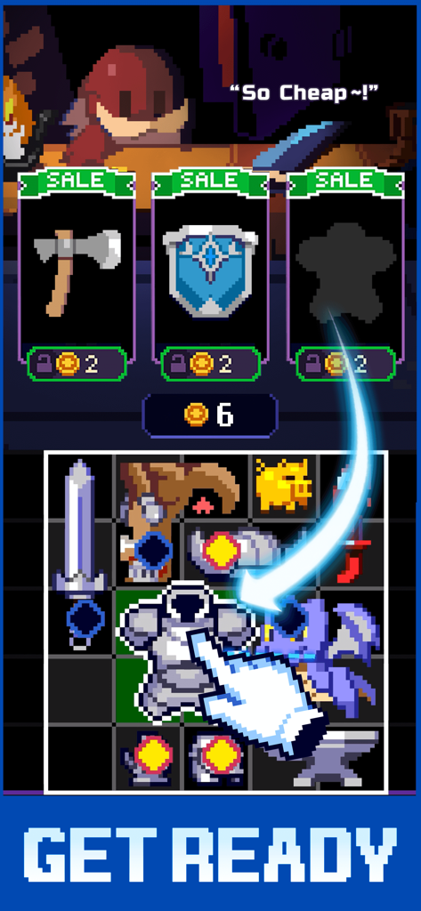 Overgeared Hero: Merge RPG - Una pantalla de juego de arte de píxeles que muestra una interfaz de tienda y una cuadrícula de inventario para la gestión de mochilas