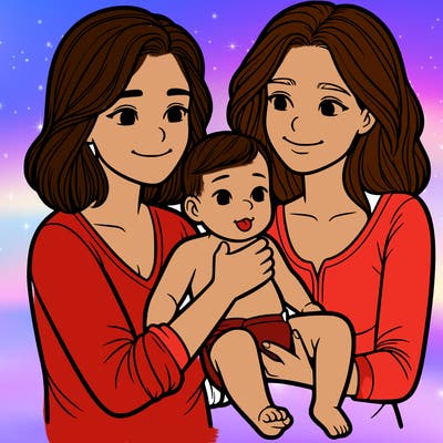 two realistic women holding one baby together