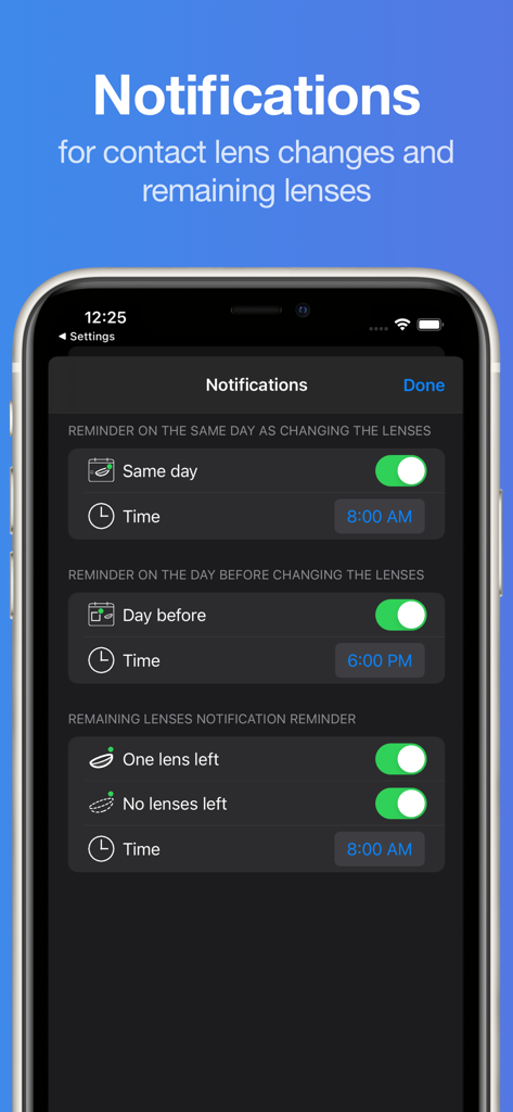 Notification settings screen in the Lensy app for lens change reminders and stock alerts