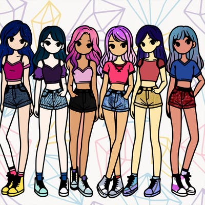 a group of girls wearing crop tops and shorts