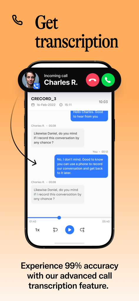 Call Recorder for iPhone Calls - Interface montrant une transcription textuelle précise d'un appel téléphonique enregistré sur un iPhone