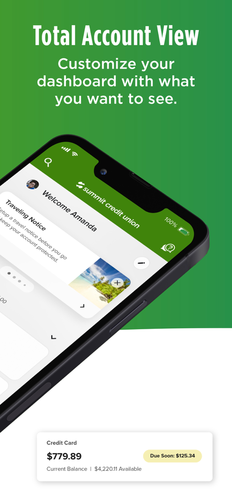 Summit Credit Union - Summit Credit Union mobile app interface showing a personalized account dashboard with credit card balance
