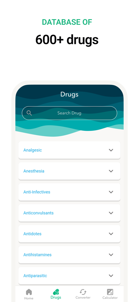 Vet Easy - Drugs & Calculators - A mobile interface for Vet Easy showing a searchable database of 600 plus veterinary drugs organized by categories like analgesic and anesthesia