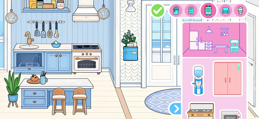 Princess Avatar Maker World - Una captura de pantalla del juego de una escena de decoración de cocina en tonos azules y blancos en Princess Avatar Maker World, con un menú de selección de muebles.