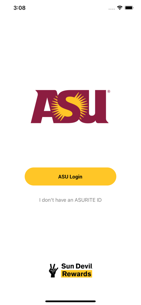 Arizona State University mobile app login screen featuring the ASU logo and a yellow login button