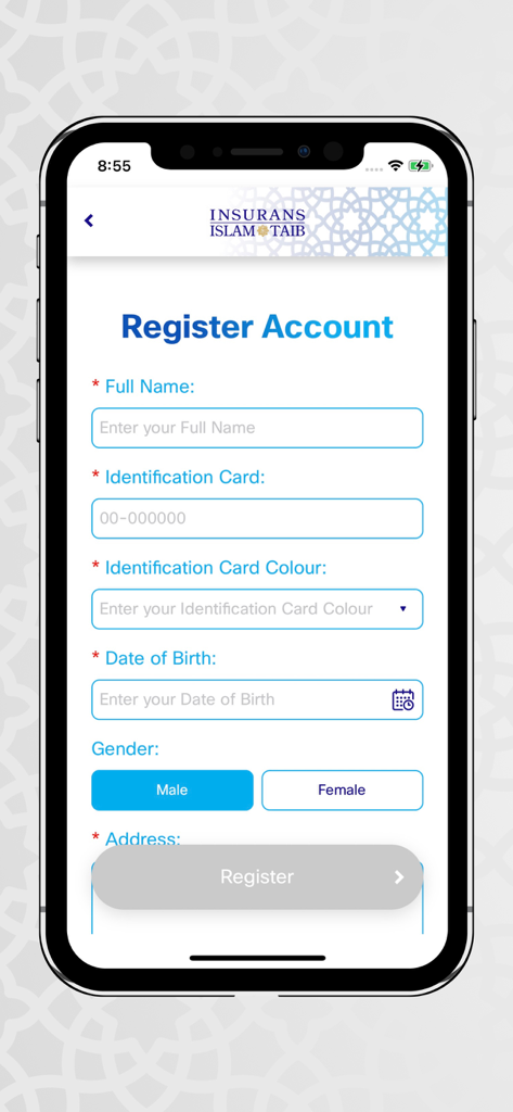 Registrierungsbildschirm der Insurans Islam TAIB App mit Formularfeldern für persönliche Informationen