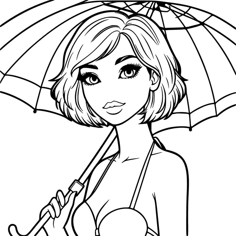 a realistic woman on the beach with very short hair, open eyes, under an umbrella and in bikini