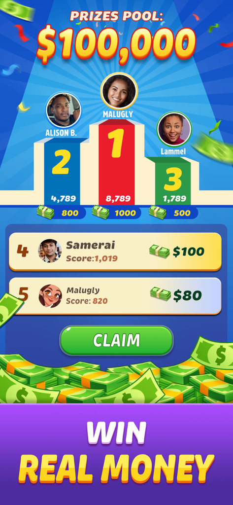 Solitaire Win Cash - Solitaire Win Cash leaderboard showing top ranked players and a one hundred thousand dollar prize pool with a claim button.