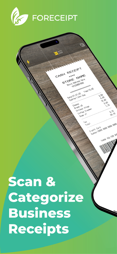 Foreceipt app scanning and categorizing a business receipt on a smartphone