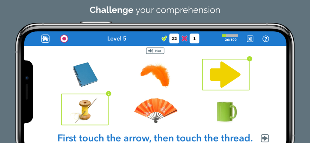 Interface de l'application Advanced Language Therapy montrant une tâche de compréhension de niveau 5 où l'utilisateur suit des instructions en plusieurs étapes.