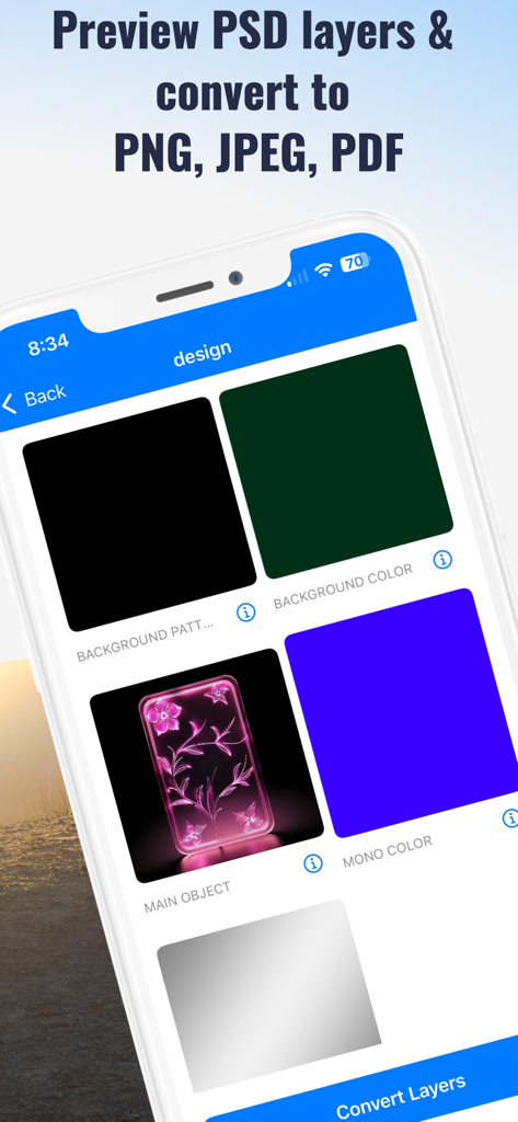 モバイルプレビューと変換用の個々のPhotoshopレイヤーを表示するPSDビューアとコンバーターアプリのインターフェース