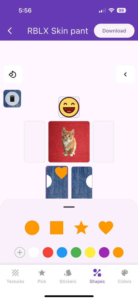 Interface de aplicativo móvel para criar skins de avatar Roblox com formas e adesivos