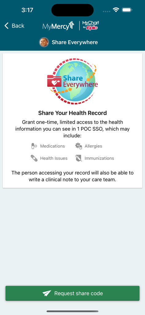 The MyMercy app Share Your Health Record screen displaying the option to grant limited access to medications, allergies, and immunizations.