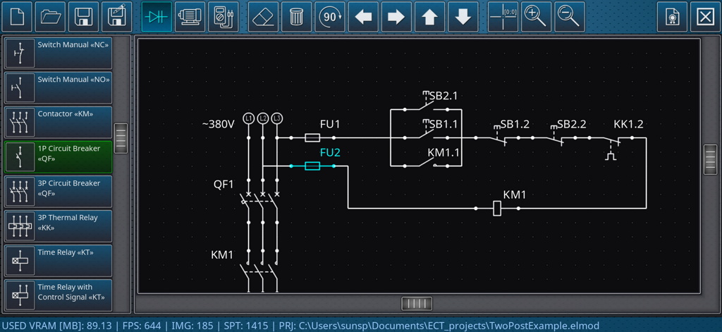 Editor di schemi elettrici industriali che mostra un circuito di controllo a logica di relè trifase con contattori e interruttori automatici